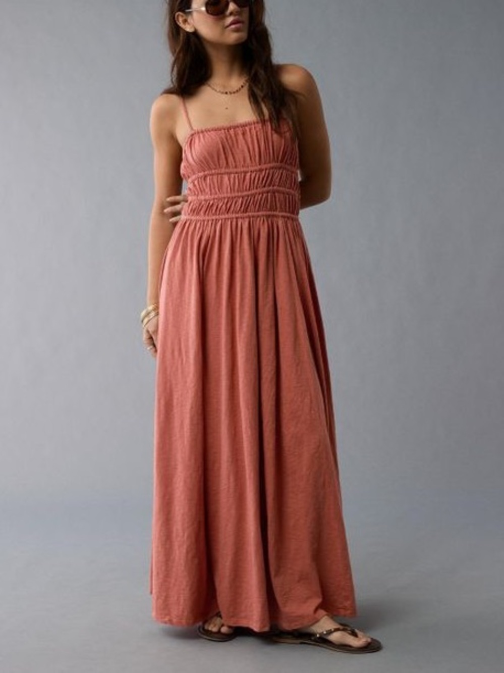American Eagle Outfitters Rust-Tone AE Sunchaser Knit Smocked Bodice Midi Dress